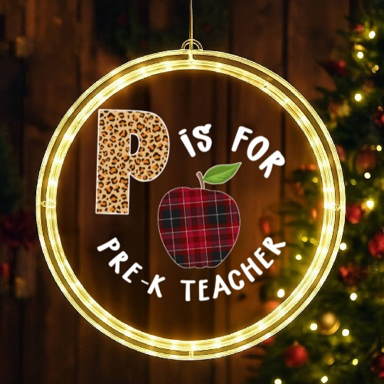 P Is For Pre K Teacher Leopard Buffalo Plaid T LED Christmas Window Lights
