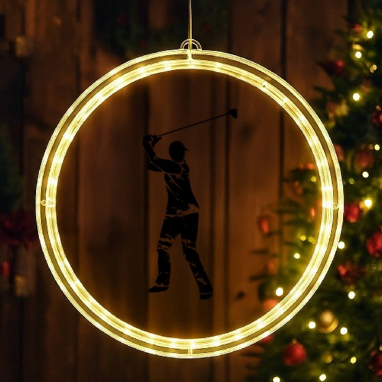 Golf Golfer Silhouette - White Grunge Design LED Christmas Window Lights