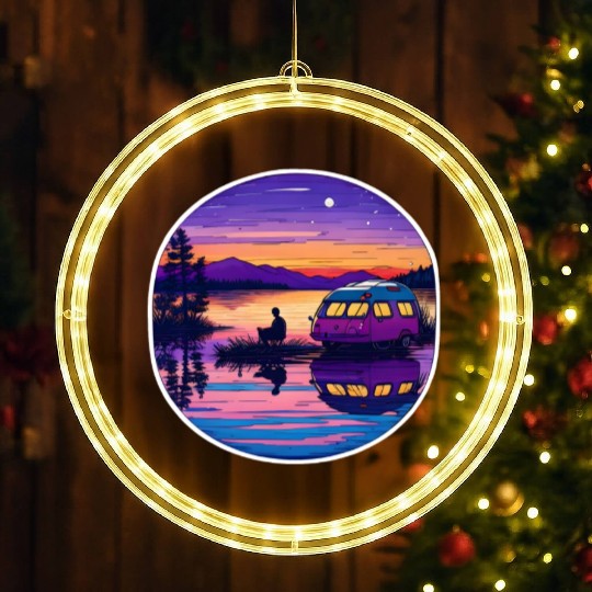 A Camper Enjoying A Peaceful Lakeside LED Christmas Window Lights