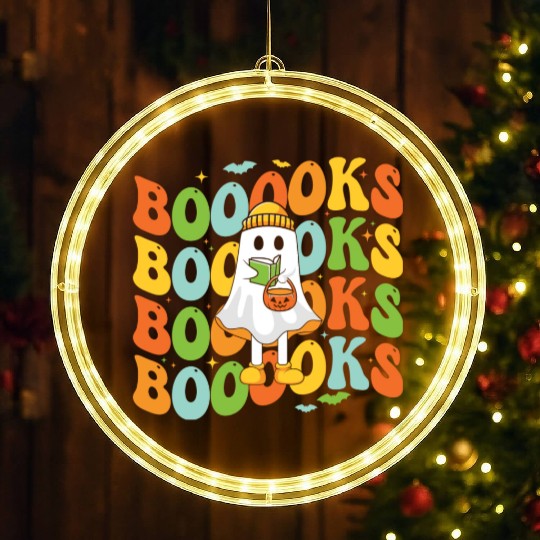 Booooks Cute Ghost Reading A Book Funny Book Lover LED Christmas Window Lights