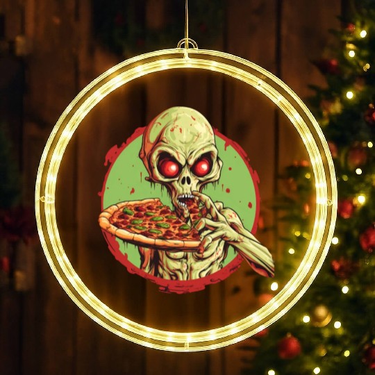 Green Alien with Pizza: Halloween Fast-Food Fun LED Christmas Window Lights