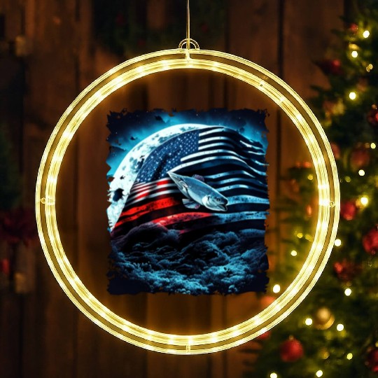 America fish under Moon with American Flag LED Christmas Window Lights