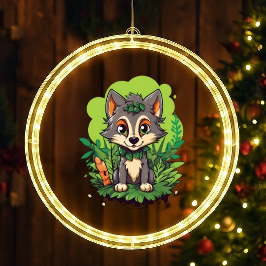 Digital Art Wolf Puppy Wearing Blue Wig Sitting LED Christmas Window Lights