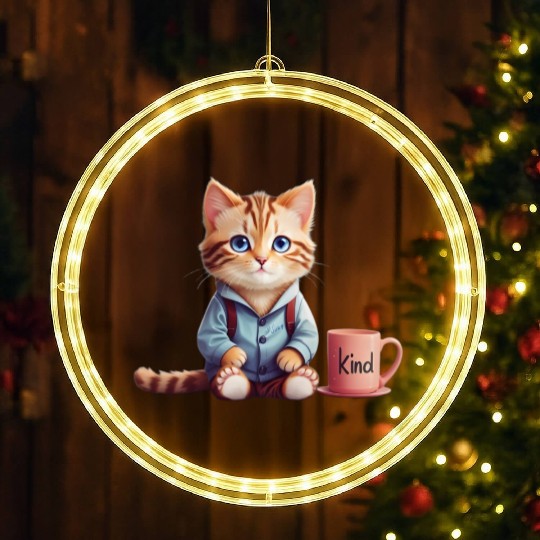 Be Kind Cat Have A Cup Of Coffee LED Christmas Window Lights