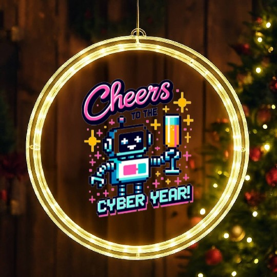 Retro Robot New Year's Toast - Cyber Champagne Fun LED Christmas Window Lights