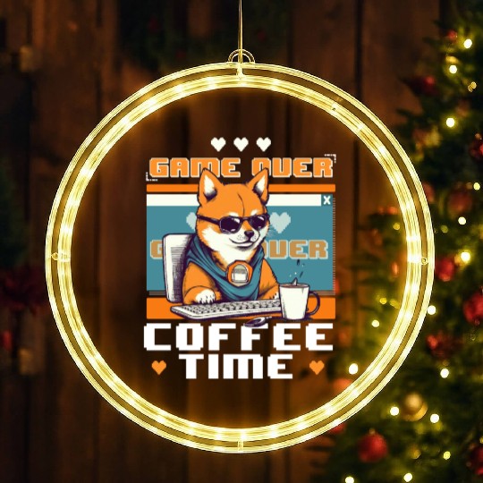 Game Over Coffee Time Funny Gamer Shiba Inu Gaming LED Christmas Window Lights