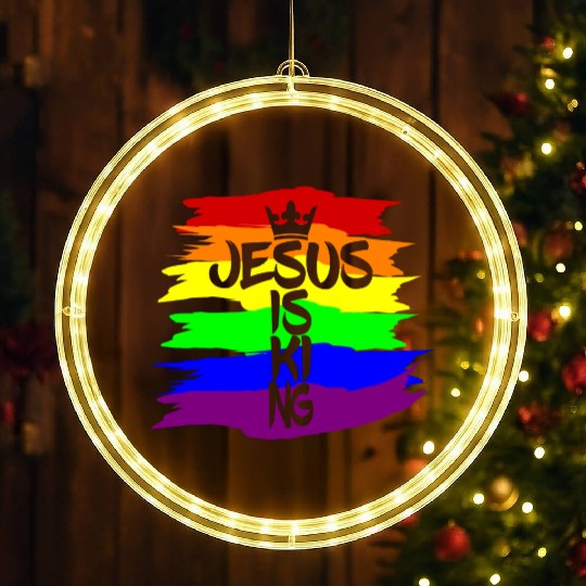 Queer Jesus is King Cross Crown Rainbow Colors LED Christmas Window Lights