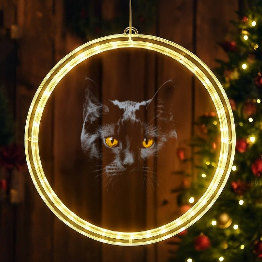 Black Cat Face Yellow Eyes Cat Halloween Costume B LED Christmas Window Lights