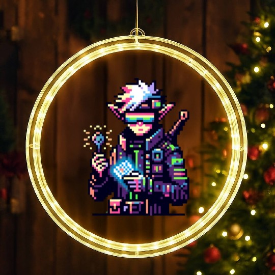 Cyberpunk Elf Neon-Lit Goggles and Digital Key LED Christmas Window Lights