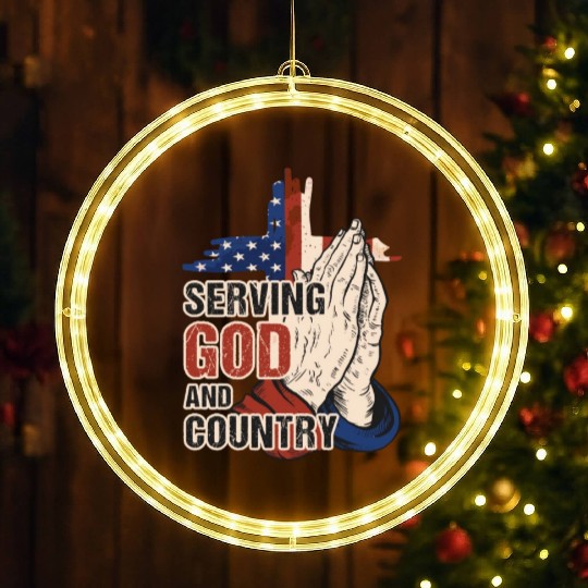 Serving God And Country US Flag Cross Patriotic Ch LED Christmas Window Lights