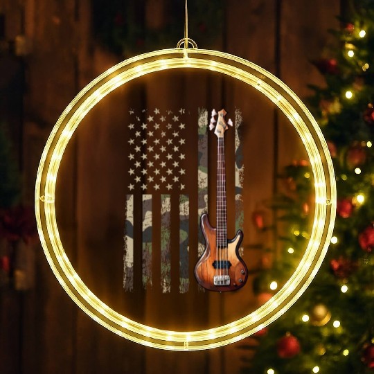 bass guitar american flag, funny bass player LED Christmas Window Lights