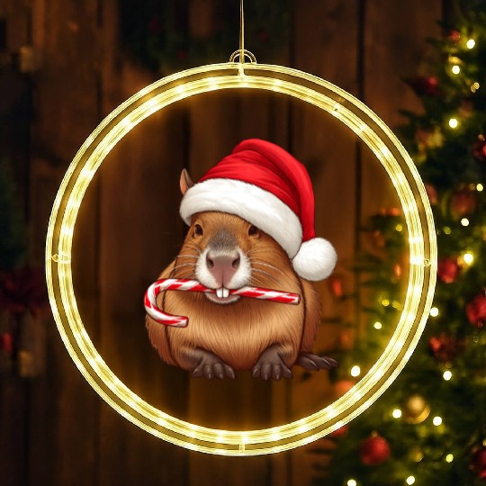 Festive capybara with candy cane LED Christmas Window Lights