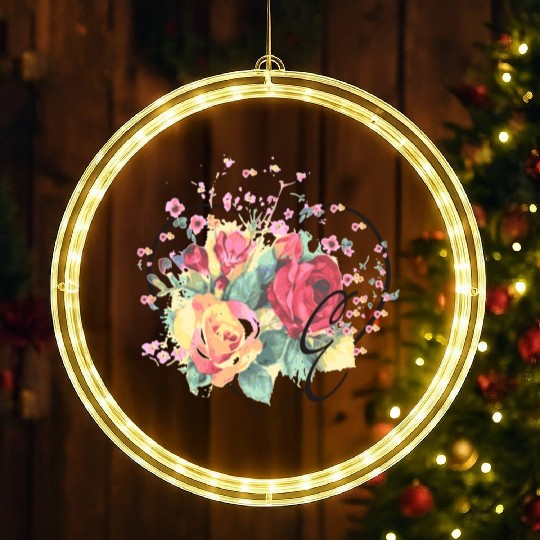 Letter E Monogram Floral Roses Heart LED Christmas Window Lights