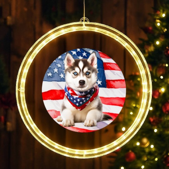 beautiful Siberian Husky with American Flag LED Christmas Window Lights