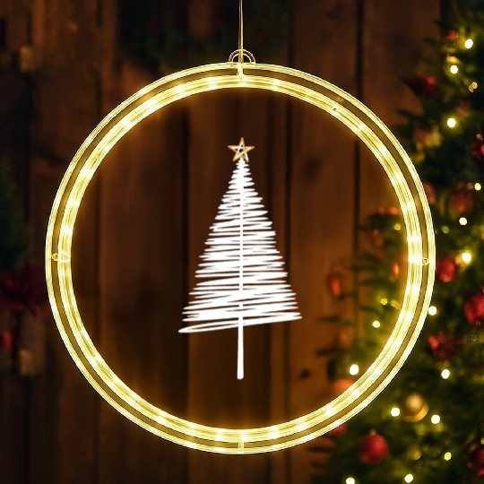 White Christmas Tree Brushstroke with Golden Star LED Christmas Window Lights