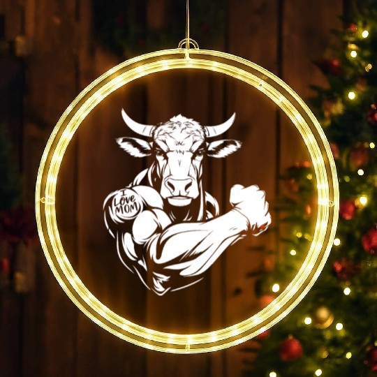 Cow Cattle Biceps Tattoo I Love Mom LED Christmas Window Lights