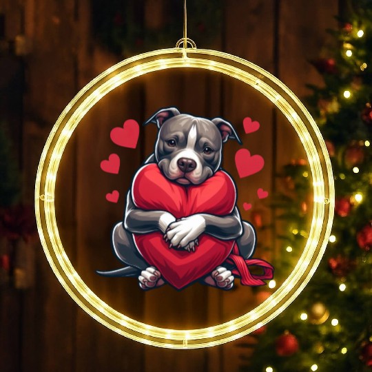 Cute Pitbull Holding a Heart Cartoon LED Christmas Window Lights