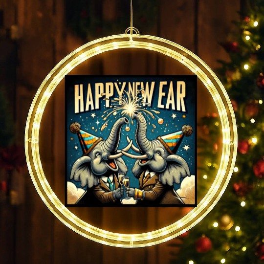 New Year's Eve Elephant Cheers with Champagne LED Christmas Window Lights