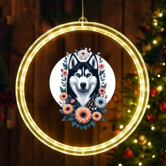 Husky dog with floral backdrop LED Christmas Window Lights