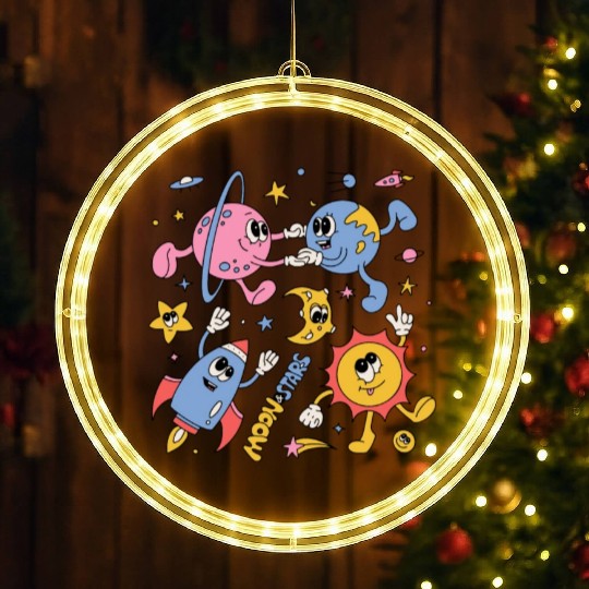 Solar System Planets Moon Sun Saturn Cute Groovy LED Christmas Window Lights
