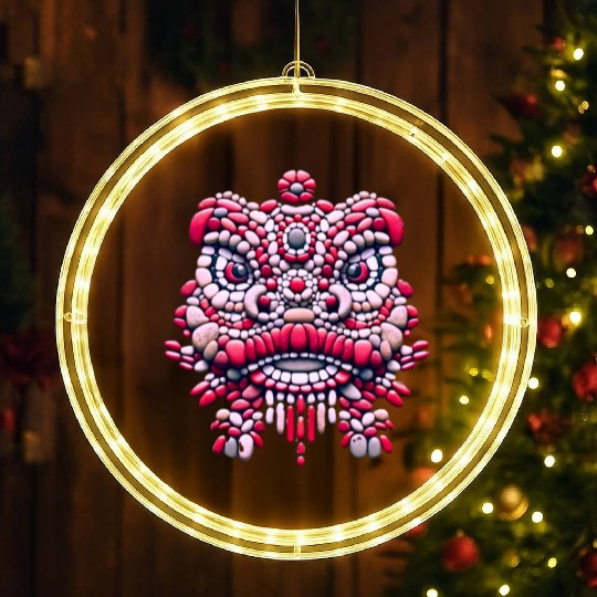 Chinese New Year - Pink Peony Lion Dance Mask LED Christmas Window Lights