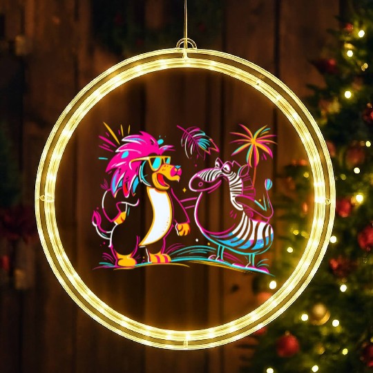 Tropical Neon Beats: Lion & Zebra's Beach Party LED Christmas Window Lights