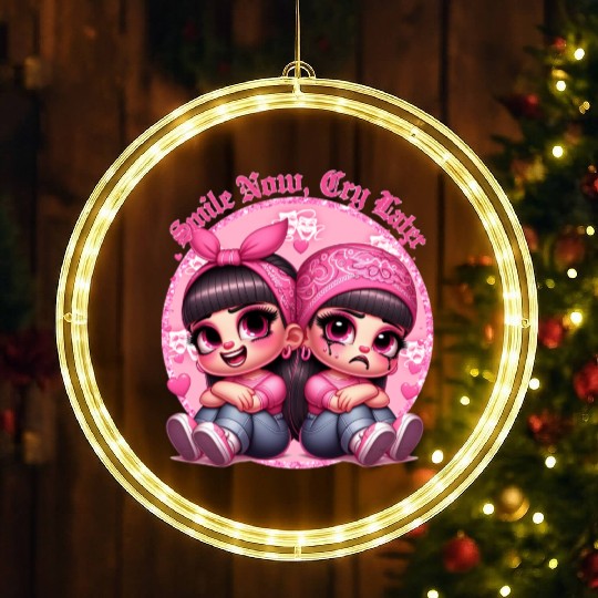 Smile Now Cry Later Drama girls Chicano Art LED Christmas Window Lights