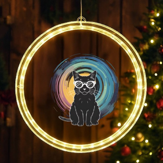 Solar Eclipse 2024 Cat Wearing Glasses LED Christmas Window Lights