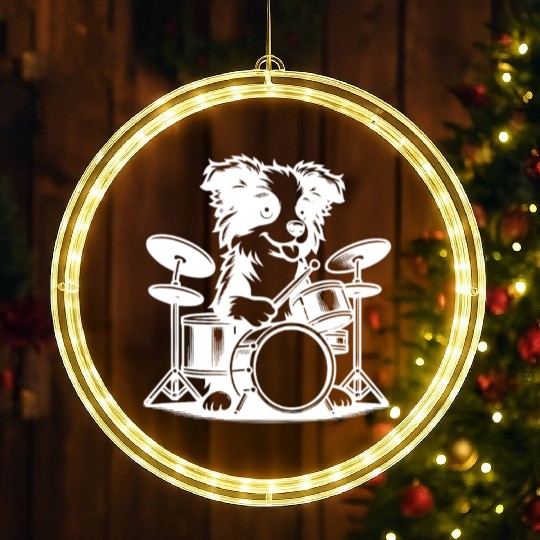 Cool Border Collie Drummer Puppy Design LED Christmas Window Lights