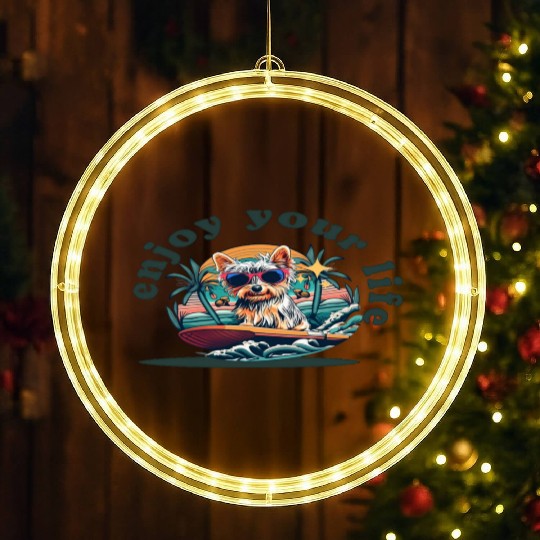 Enjoy Your Life: Yorkie Dog Surfing Premium Cotton LED Christmas Window Lights