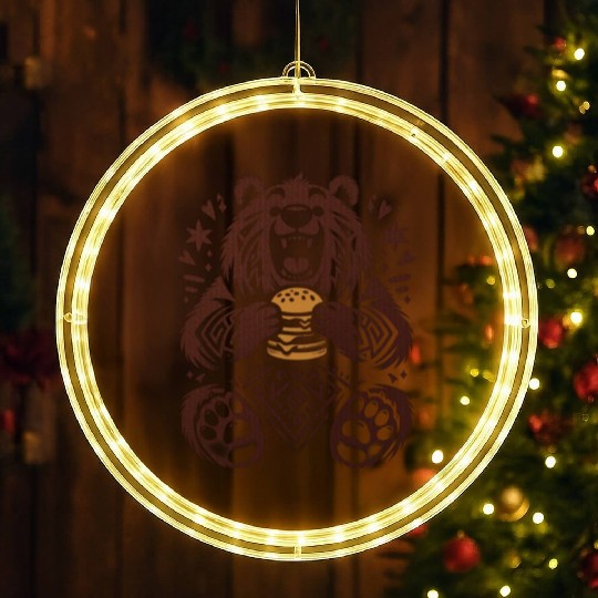 Cute Grizzly with Hamburger, Brown LED Christmas Window Lights