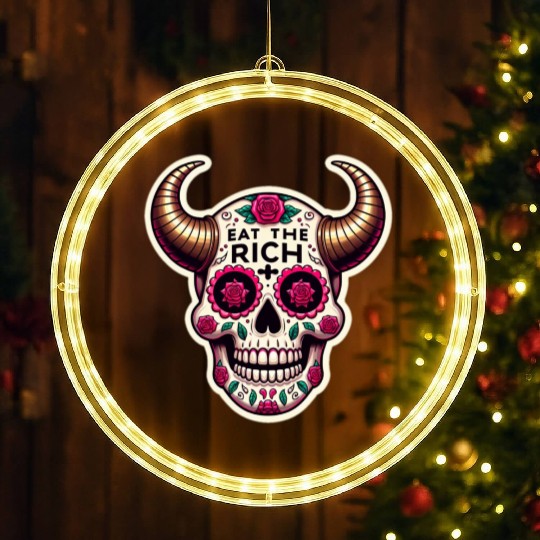 Horned Sugar Skull, eat the rich skull LED Christmas Window Lights
