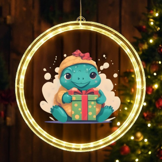 Cute Little Green Turtle Holding a Gift LED Christmas Window Lights