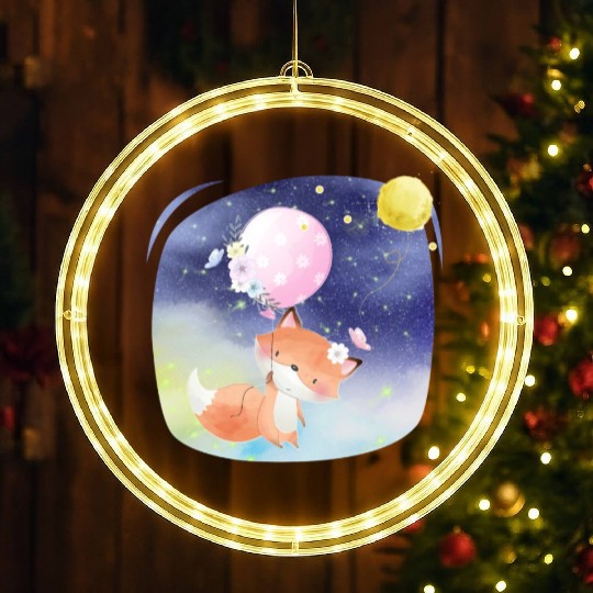 Funny Happy Fox Flying to Sky Using Balloon LED Christmas Window Lights