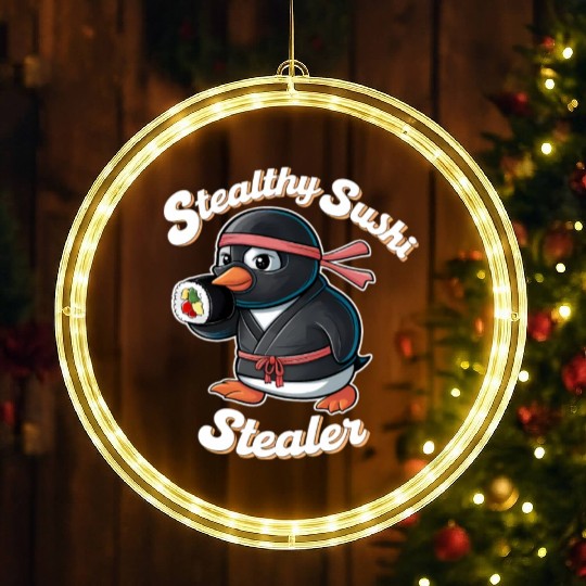 Ninja Penguin Stealing Sushi LED Christmas Window Lights