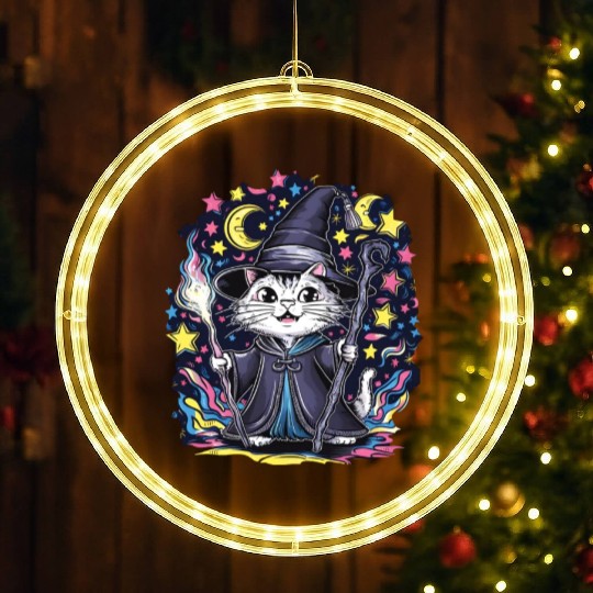 Charming Wizard Cat Casting Magic LED Christmas Window Lights