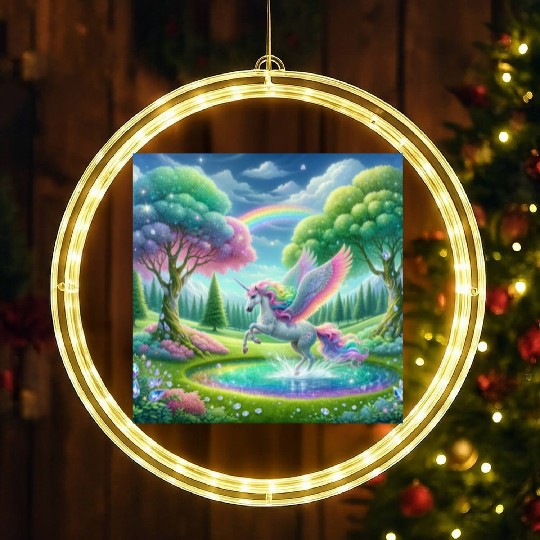 Enchanted Rainbow Unicorn Over Sparkling Pond LED Christmas Window Lights