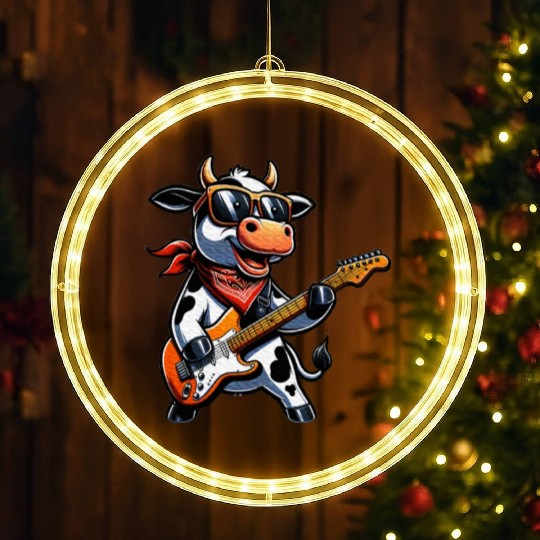 Cute Cow Playing Guitar Cows Musician Music LED Christmas Window Lights