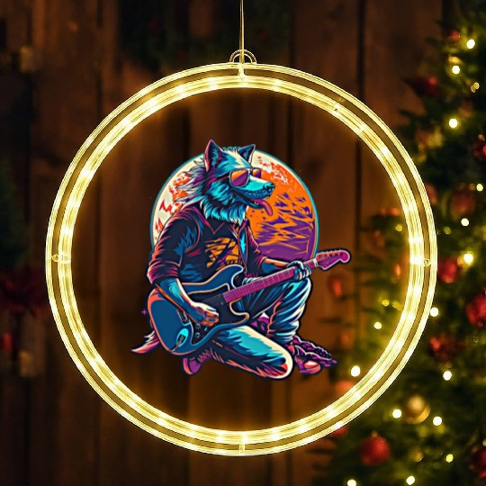 Blue Wolf Moon Guitar Player Retro Sunglasses LED Christmas Window Lights
