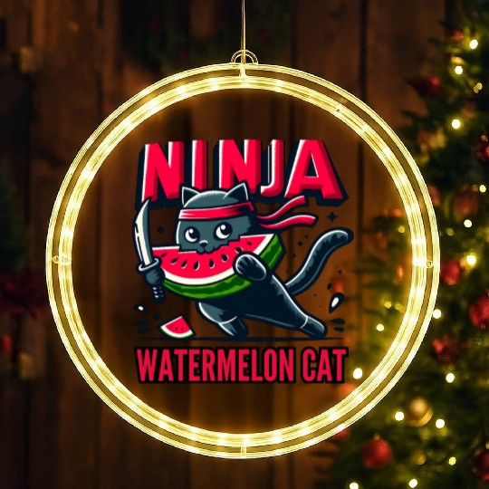 Ninja Cat Watermelon Swordplay LED Christmas Window Lights