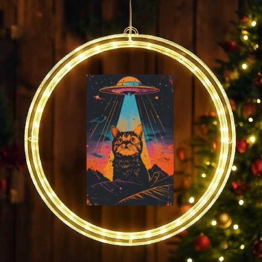 Catzilla Vintage Funny Cute Cat Art Alien and Cat LED Christmas Window Lights
