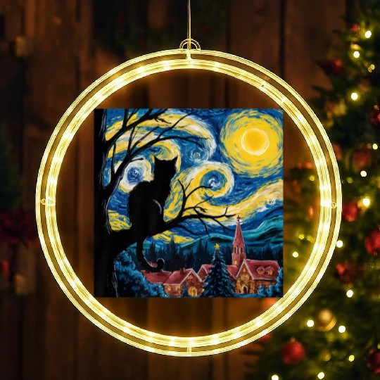 Starry Night Cat Art Premium LED Christmas Window Lights