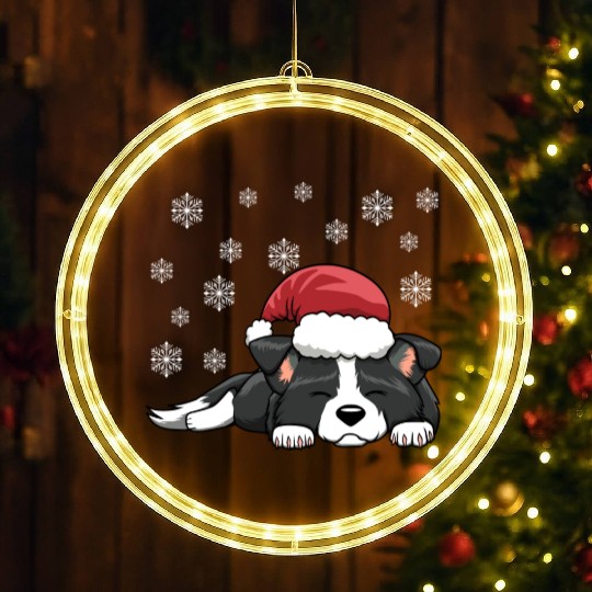 CHRISTMAS SANTA HAT SLEEPING BORDER COLLIE DOG LED Christmas Window Lights
