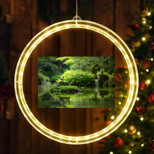 Serene Pond with Bird on Mossy Rock LED Christmas Window Lights
