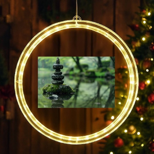 Zen Stone Stack Reflected in Tranquil Pond LED Christmas Window Lights