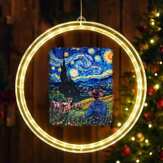 Cow Farmer Farming Farm Starry Night Painting LED Christmas Window Lights