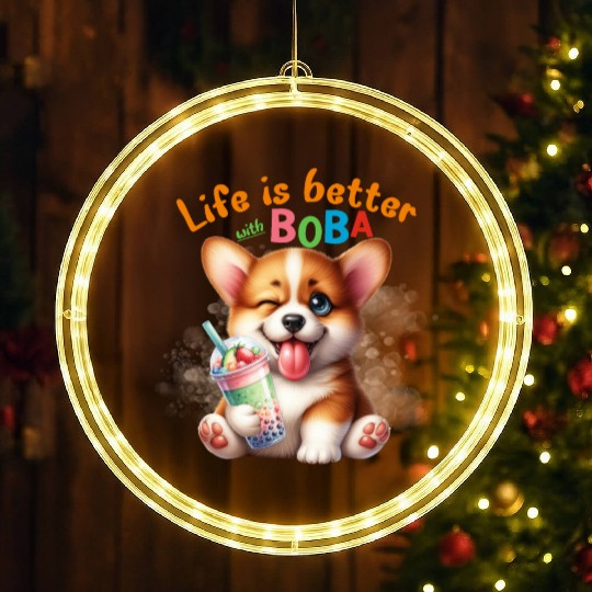 Corgi with BOBA tea Milk TEA Bubble tea LED Christmas Window Lights