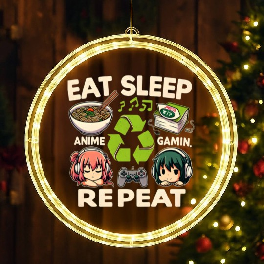 Cute Anime Eat Sleep Anime Repeat Manga LED Christmas Window Lights