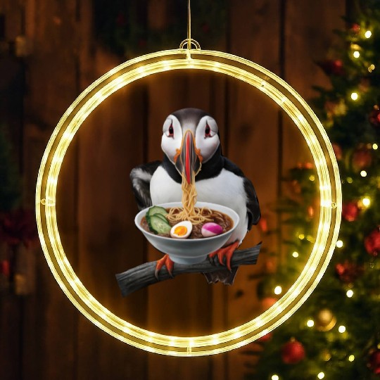 Atlantic Puffin Eating Ramen Realistic LED Christmas Window Lights