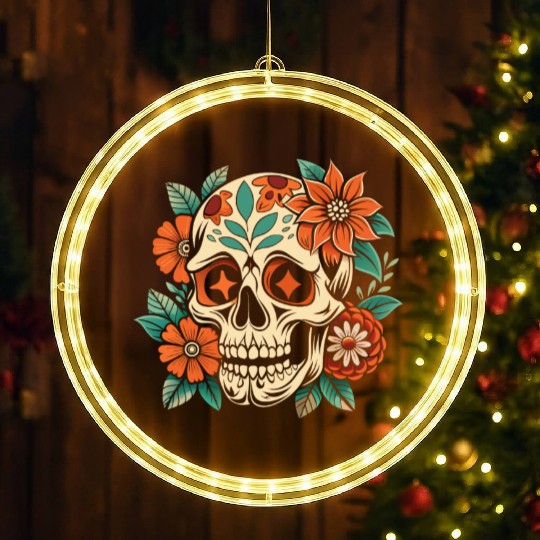 Vintage Retro Halloween Sugar Skull with floral LED Christmas Window Lights